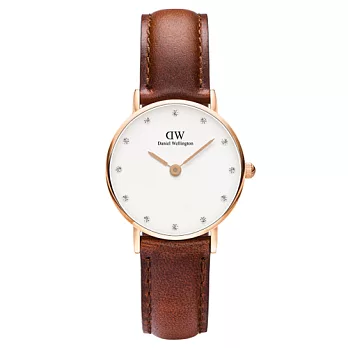 DW Daniel Wellington 施華洛世奇水晶咖啡色皮革腕錶-金框/26mm(0900DW)