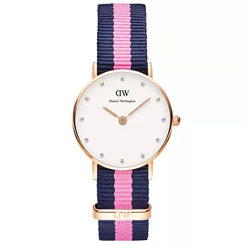 DW Daniel Wellington 經典藍粉紅帆布水鑽女錶-金框/26mm(0906DW)