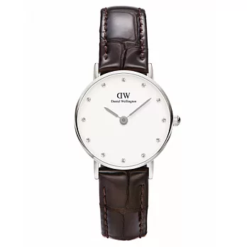 DW Daniel Wellington 時尚水鑽深褐色皮革女錶-銀框/26mm(0922DW)