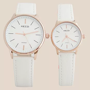 KEZZI珂紫 K-1516 IP 極簡錶面設計高雅玫針情侶對錶 - 大型/小型- 玫框白帶(大型)