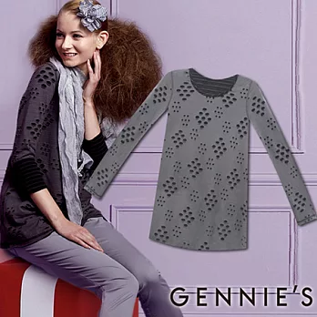 【Gennie’s奇妮】雅緻花點點鏤空秋冬長袖上衣M灰
