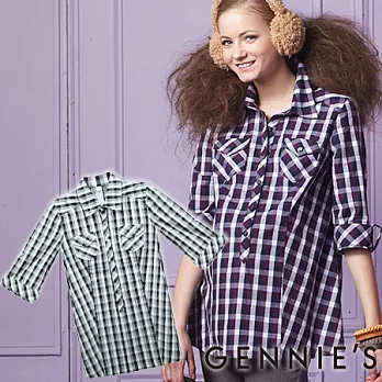 【Gennie’s奇妮】英倫風格紋秋冬長版襯衫式上衣-灰格M灰格