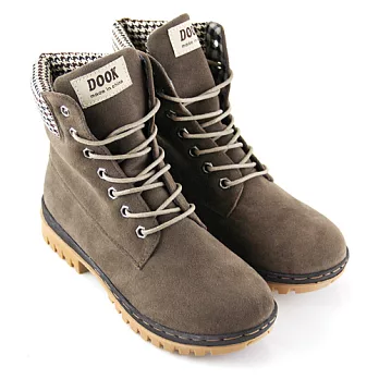 【Pretty】千鳥格拼接絨布綁帶短靴23卡其色