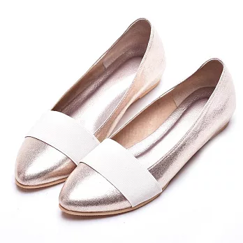 【AMEBER】 歐風甜心真皮鬆緊帶小尖頭內增高平底娃娃鞋-金23.5金