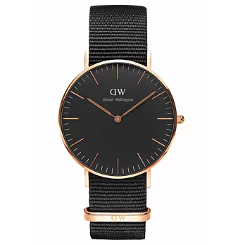 Daniel Wellington 經典簡雅黑色尼龍手錶-金框/36mm(DW00100150)