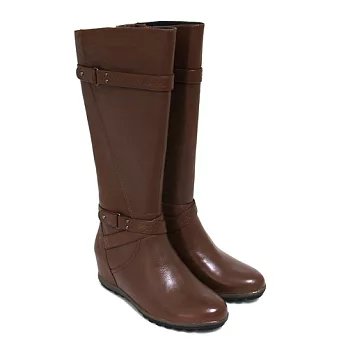 ◤Green Phoenix◥壓花紋繞踝皮飾扣全真皮內增高長靴36棕色