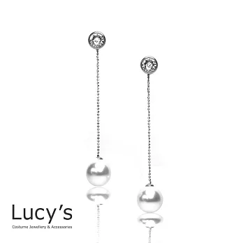 Lucy’s 古典美人鑲鑽垂墜白珍珠耳環時尚銀