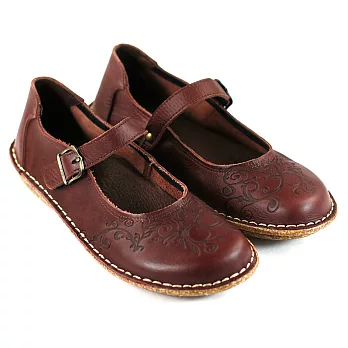 SNAIL蝸牛 印花圖騰手工縫製真皮平底瑪莉珍鞋35咖啡色