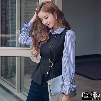 上衣 假兩件條紋綁帶喇叭袖襯衫 贈綁帶-HeHa-S*