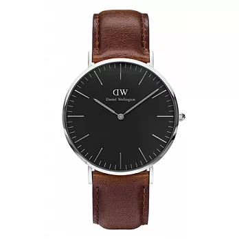 Daniel Wellington 深褐色皮革腕錶-銀框/40mm(DW00100131)