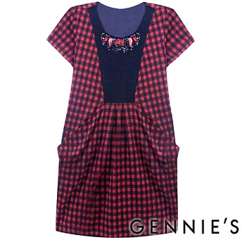 【Gennies奇妮】經典寶石紅格紋秋冬洋裝紅格紋