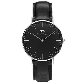Daniel Wellington 經典黑色皮革腕錶-銀框/36mm(DW00100145)