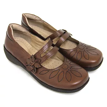◤Green Phoenix◥立體車線花朵沾黏式全真皮厚底瑪莉珍鞋37.5棕色