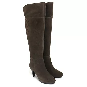 ◤Green Phoenix◥壓克力水鑽幾何圖形兩穿牛麂皮高跟過膝靴37芋色