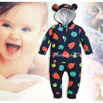 棉絨連帽哈衣 厚綿 綿絨 前開 前釦 平腳哈衣 連身衣 帽T 兔裝L小怪獸