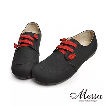 Messa米莎專櫃女鞋】MIT中性風撞色綁帶內真皮圓頭休閒鞋35黑色