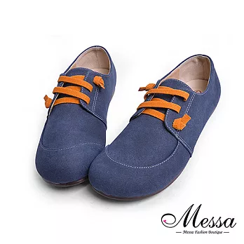 【Messa米莎專櫃女鞋】MIT中性風撞色綁帶內真皮圓頭休閒鞋35藍色