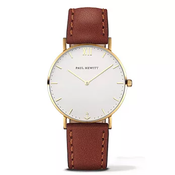 PAUL HEWITT Sailor Line白色錶面 棕色皮革錶帶金框手錶39mm