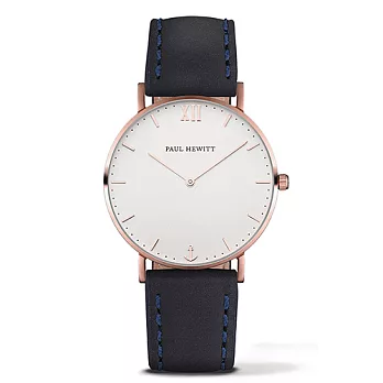PAUL HEWITT Sailor Line白色錶面 海軍藍皮革錶帶玫瑰金框手錶39mm