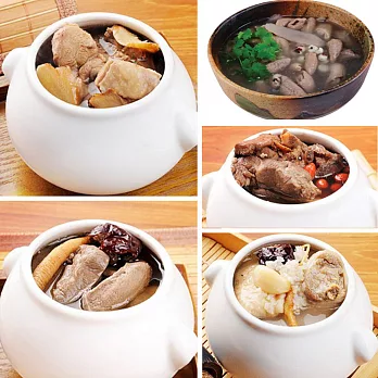 【膳食家】暖心湯品組(麻油雞-420g*2、四神湯-500g*2、麻油豬心-420g*2、藥膳排骨-420g*2、人蔘糯米雞-420g*2)(含運)