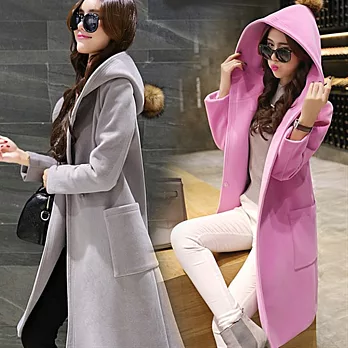 (miss apple)毛球連帽長版毛呢外套(尺寸可選)M粉紅色