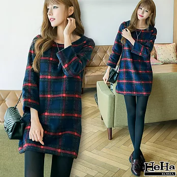 洋裝 寬鬆格紋毛呢保暖連身裙洋裝-HeHa-XL*