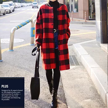 【SCL南加州丹寧時尚】T1690 紅色格紋保暖好氣色毛呢長版大衣L紅色格紋