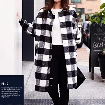 【SCL南加州丹寧時尚】T1690BK 黑白格紋保暖好氣色毛呢長版大衣L黑白格紋