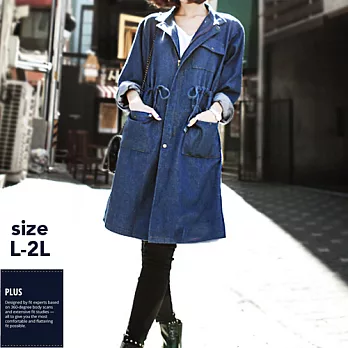 【SCL南加州丹寧時尚】T1686 中藍刷色長版過膝大口袋拉鏈保暖牛仔大衣外套L牛仔藍