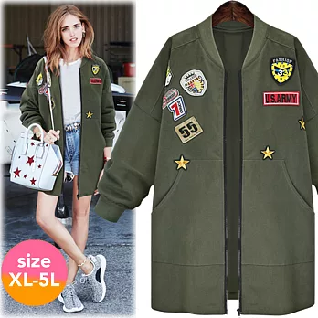 【SCL南加州丹寧時尚】J0901兩色軍綠黑時尚圓領徽章長大衣拉鏈外套XL軍綠