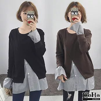 上衣 假兩件不規則T恤拼接襯衫 二色-HeHa-FREE（黑色）