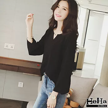 上衣 V領喇叭袖打底薄款針織衫 三色-HeHa-S（黑色）
