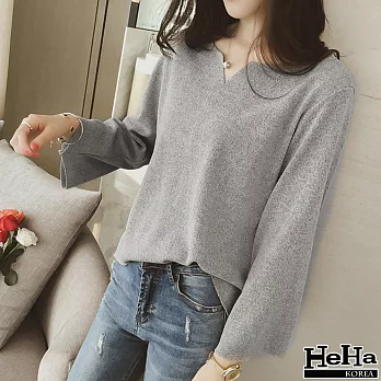上衣 V領喇叭袖打底薄款針織衫 三色-HeHa-S（灰色）