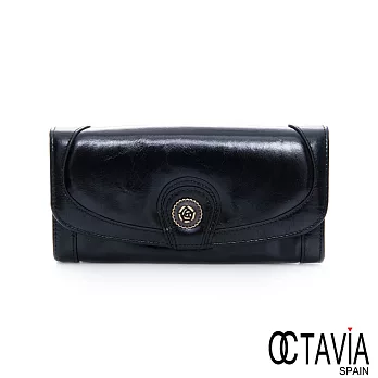 OCTAVIA 8 真皮-玫瑰扣 二折壓扣油蠟牛皮長夾 - 無有錢黑