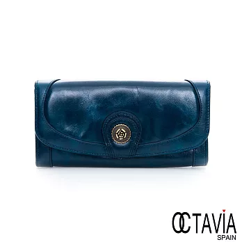 OCTAVIA 8 真皮-玫瑰扣 二折壓扣油蠟牛皮長夾 - 無自由藍