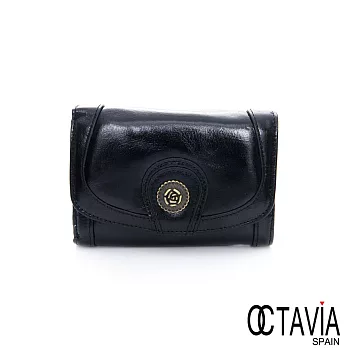 OCTAVIA 8 真皮 - 玫瑰扣三折式油皮短夾 - 無ROSE黑