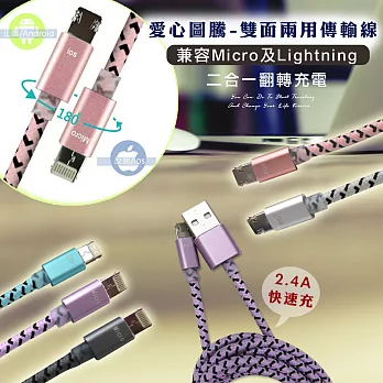 Mezone iPhone 8pin/micro USB 愛心圖騰 雙面兩用傳輸充電線(1.5M)薄荷藍