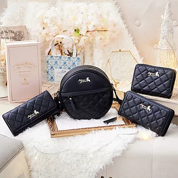 《♡贈送菱格手拿包♡》Rebecca Bonbon 日本狗頭包 知性米蘭禮盒套組。菱格側背小圓包+菱格蓋扣長夾《經典黑》