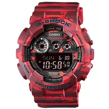 【CASIO】卡西歐 G-SHOCK系列 戰地玩酷叢林迷彩電子錶 (亮眼紅 GD-120CM-4DR )