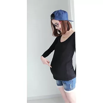 孕婦莫代爾無鋼圈帶胸墊打底衫棉T恤女長袖上衣彈力顯瘦XL黑色