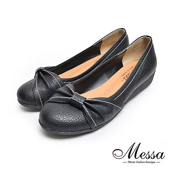 【Messa米莎專櫃女鞋】MIT高質感造型大蝴蝶結皮革內真皮楔型包鞋36黑色