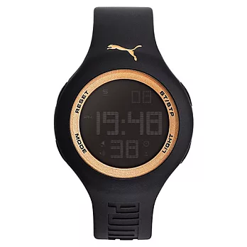 PUMA 跳色韻律 PU錶帶 運動時尚腕錶-黑x玫瑰金/44mm黑x玫瑰金