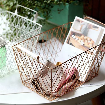 【收納職人】北歐幾何極簡磨砂霧面鐵線編織提把方籃（玫瑰金）