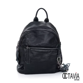 OCTAVIA 8 - 黑色極簡 水洗牛皮流蘇扣後背包 -極品黑