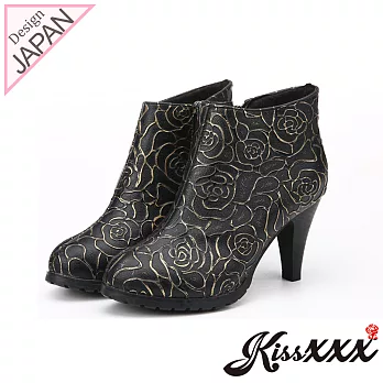 【KissXXX】立體玫瑰燙金浮雕美腿顯瘦效果高跟短靴35黑