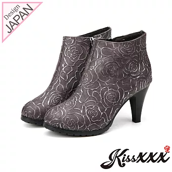 【KissXXX】立體玫瑰燙金浮雕美腿顯瘦效果高跟短靴36灰