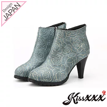 【KissXXX】立體玫瑰燙金浮雕美腿顯瘦效果高跟短靴35擦藍