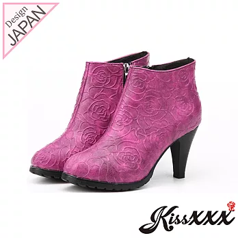 【KissXXX】立體玫瑰燙金浮雕美腿顯瘦效果高跟短靴36玫紅