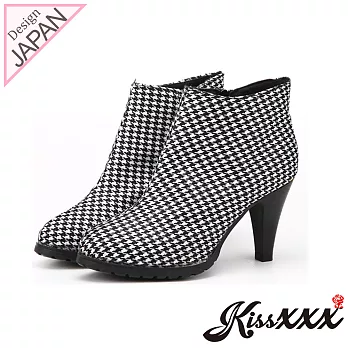 【KissXXX】經典千鳥格紋美腿顯瘦效果高跟短靴35黑
