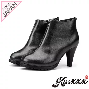 【KissXXX】經典牛紋皮革美腿顯瘦效果高跟短靴35黑